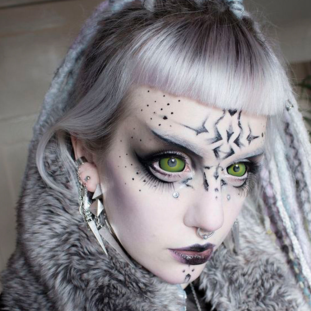 Model are wearing Green Demon Sclera Lenses