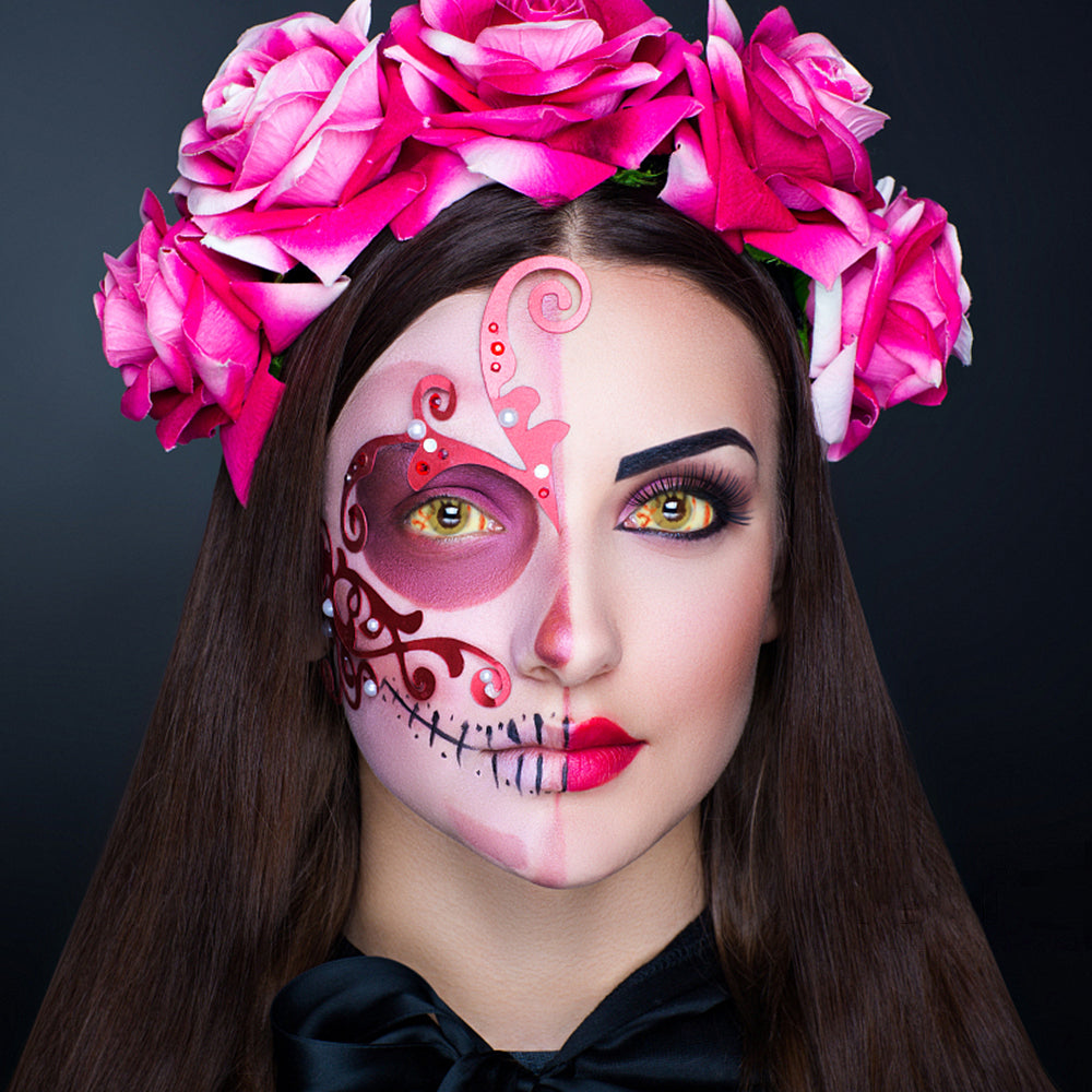 Model are wearing Red And Yellow Mottled Sclera Lenses