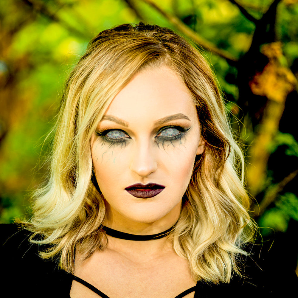 Model are wearing Lightning Crazy Sclera Lenses