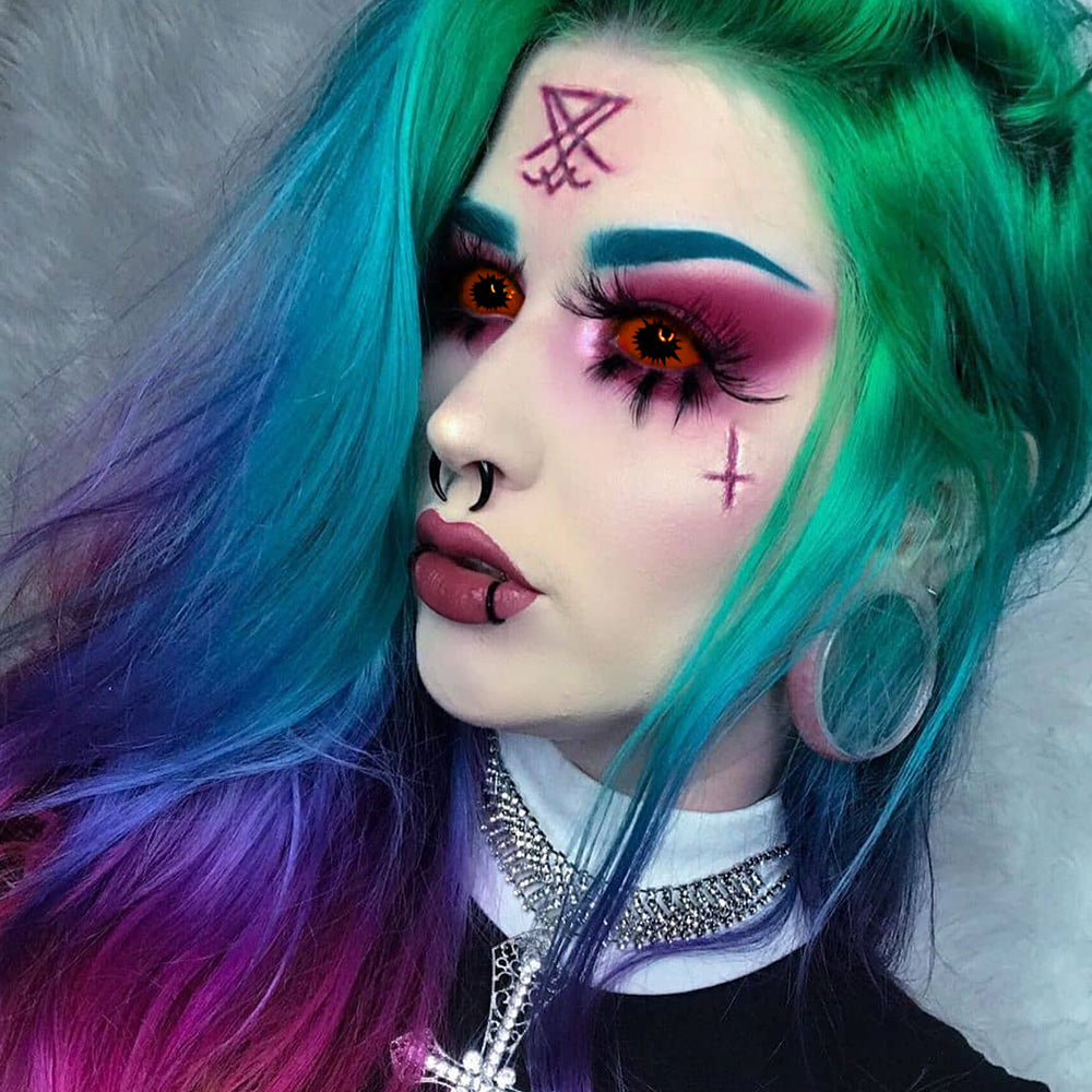 Model are wearing Omego Orange Sclera Lenses