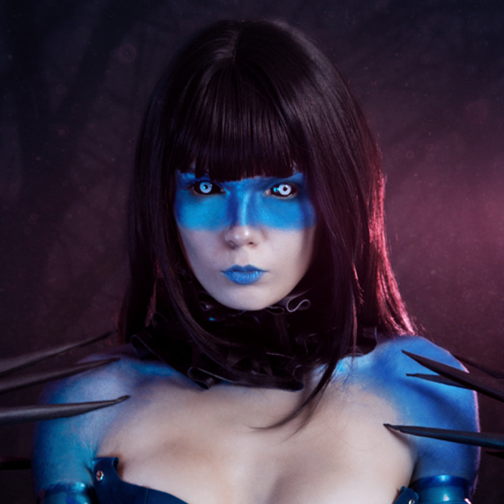 Model are wearing Vampire Black And White Sclera Lenses