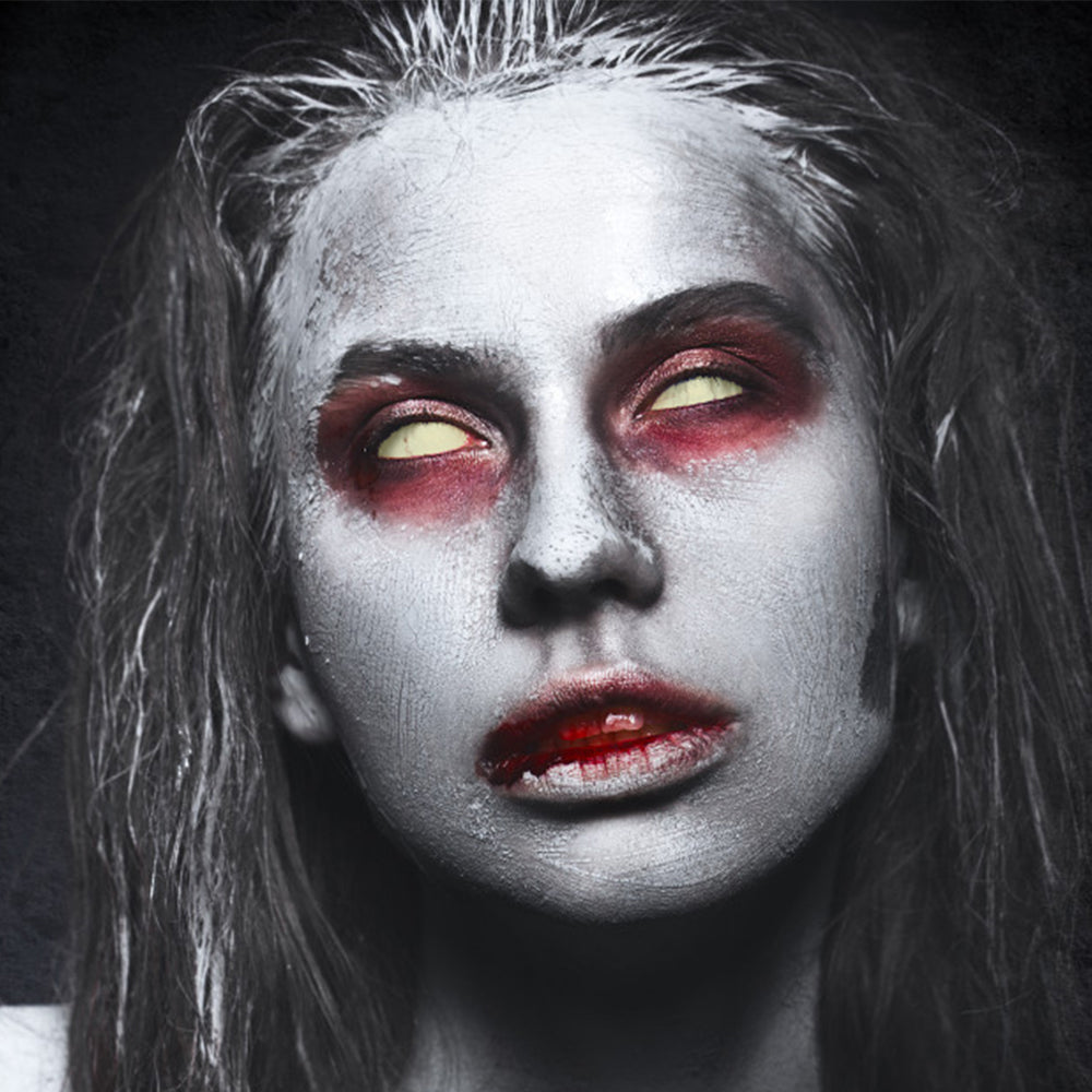 Model are wearing Blind Yellowish Sclera Lenses