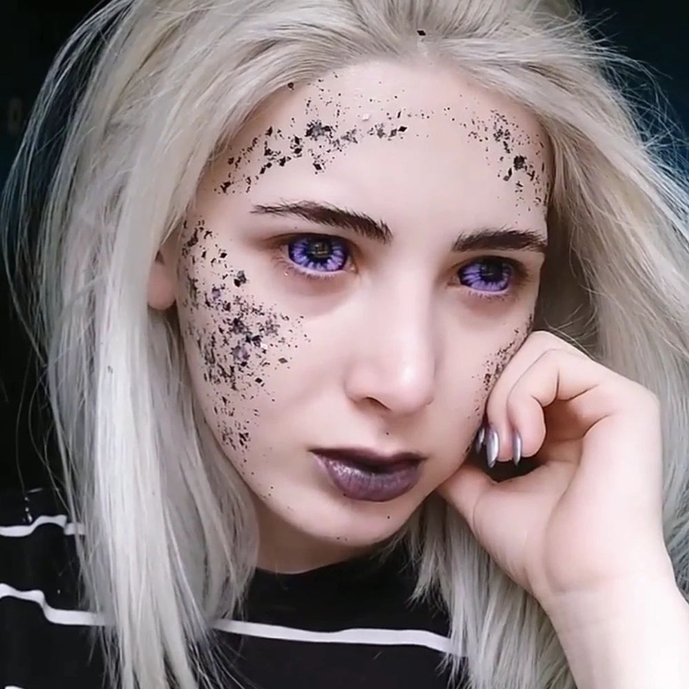 Model are wearing Purple Flash Sclera Lenses