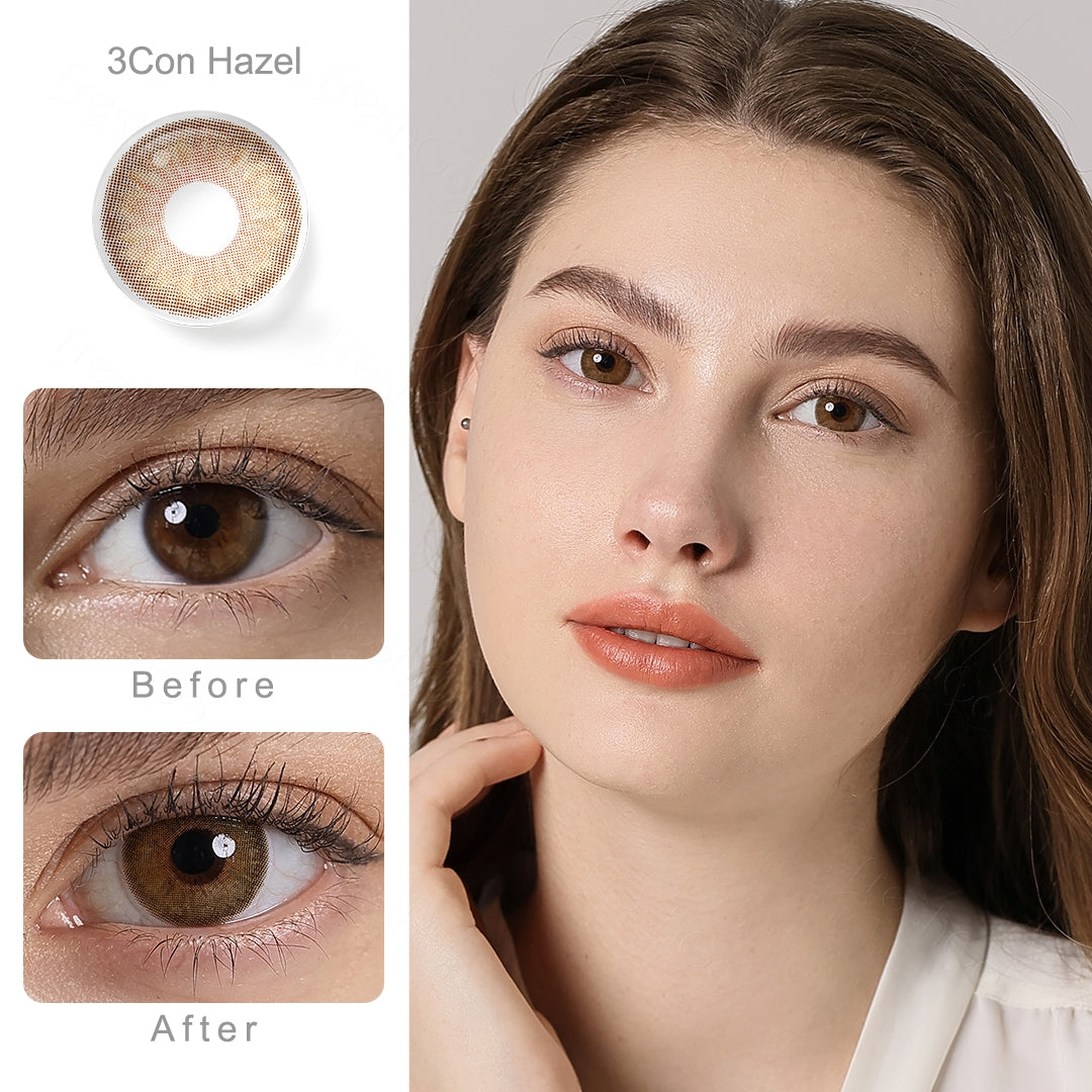 symphony 3con hazel colored contacts wearingΒ effect comparison of before and after