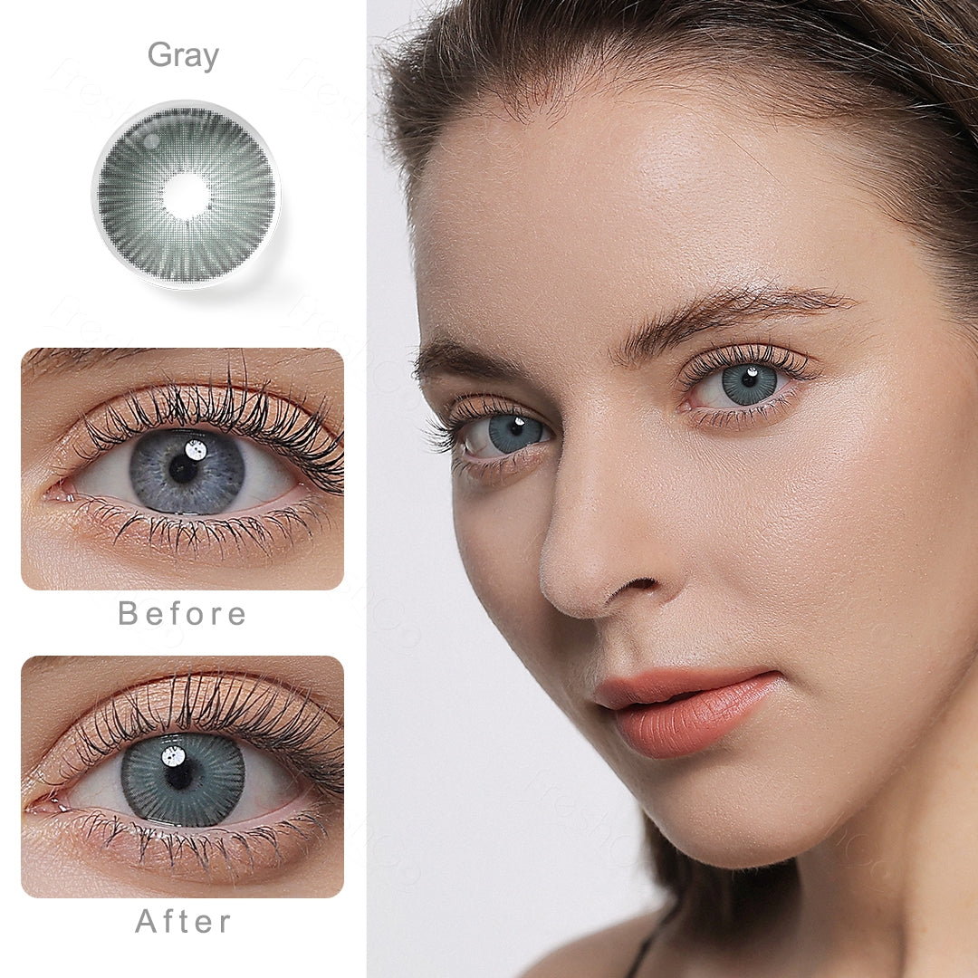 fiesta gray colored contacts wearing effectΒ comparison of before and after
