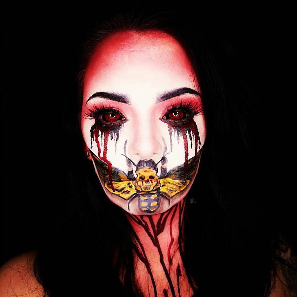 Model are wearing Sharingan Three Magatama For Itachi Sclera Lenses